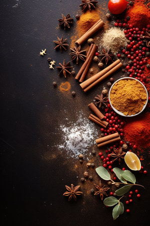 Spices and herbs on a black background. Food and cuisine ingredients.の素材