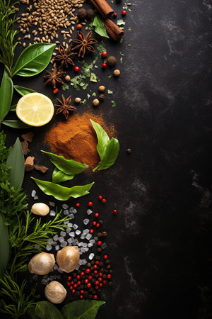 Spices and herbs on black background. Top view with copy spaceの素材