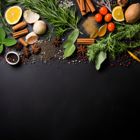 Herbs and spices on black background. Top view with copy spaceの素材