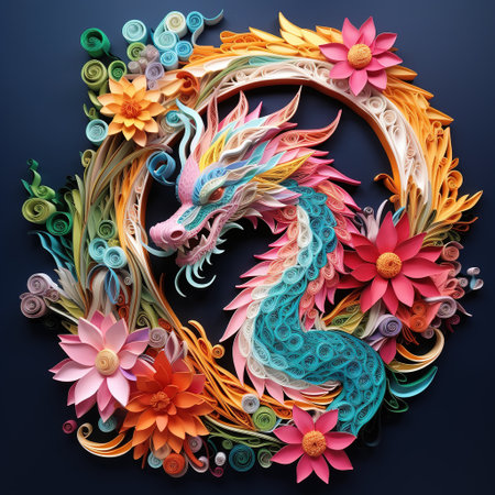 Colorful dragon with flowers on blue background. 3D illustration.の素材