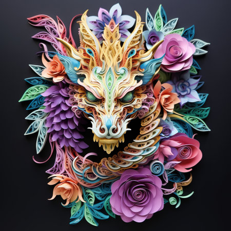 Colorful fantasy dragon head on a black background. 3d illustrationの素材