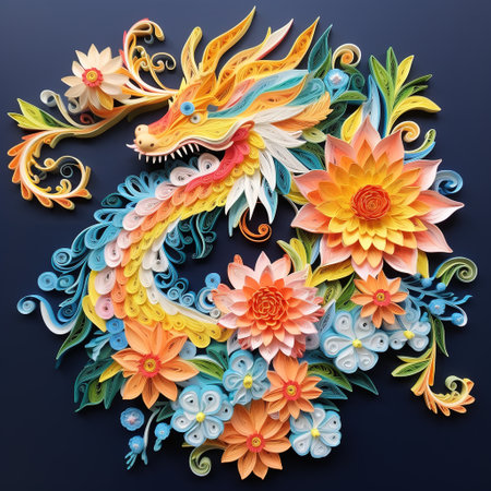 Dragon and flowers on a dark blue background. Colorful illustration.の素材