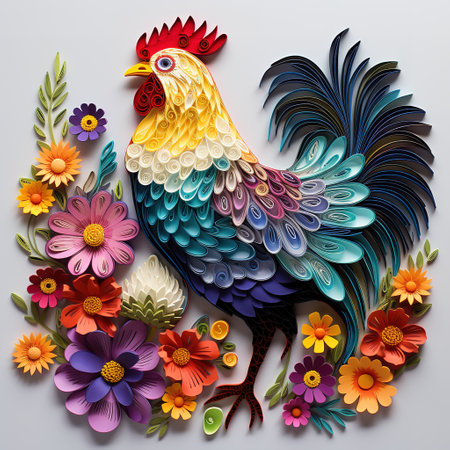 Colorful rooster with colorful flowers on gray background.の素材