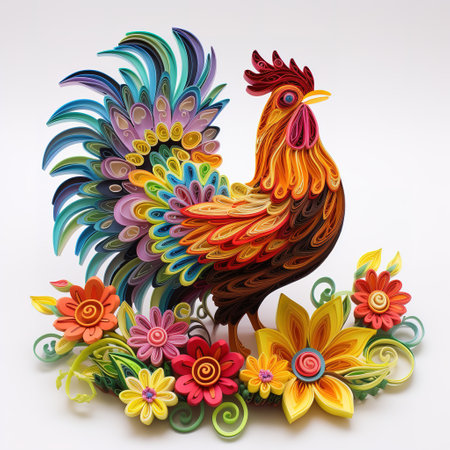 Colorful rooster with flowers on white background. 3D illustration.の素材