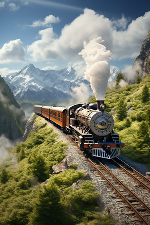 Steam locomotive in the high alpine landscape. 3d renderの素材