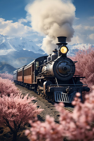 Steam locomotive with cherry blossoms and blue sky. 3D renderingの素材