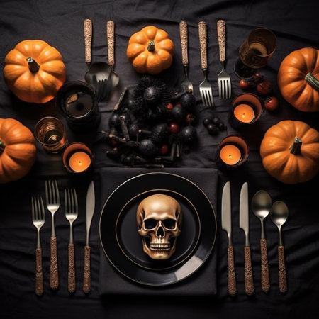 Halloween table setting with pumpkins, skull, knife and forkの素材