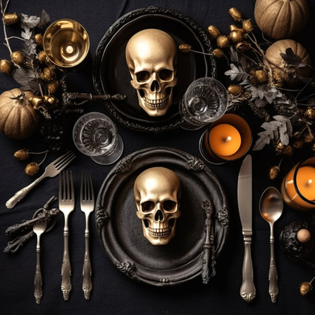 Halloween table setting with golden skull, pumpkins and candles on black backgroundの素材