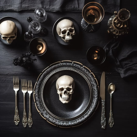 Vintage table setting with skull and wine on black wooden background, top viewの素材