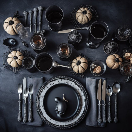 Halloween table setting with pumpkins, vintage cutlery, black background, top viewの素材