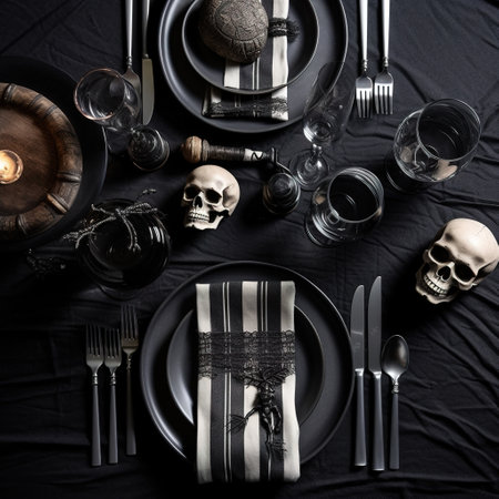 Halloween table setting with skull, candles and cutlery, top viewの素材