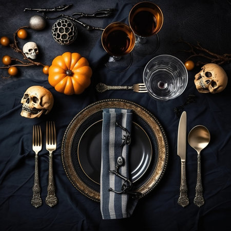 Halloween table setting with pumpkins, vintage silverware and glass of wineの素材