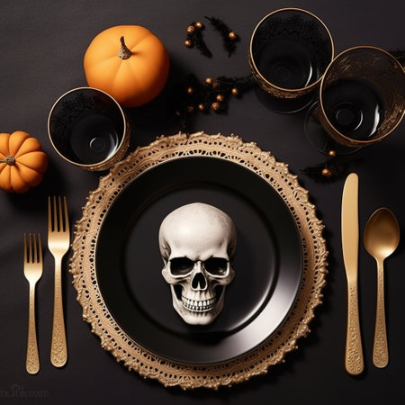 Top view of Halloween table setting with human skull, pumpkins and cutlery on black backgroundの素材