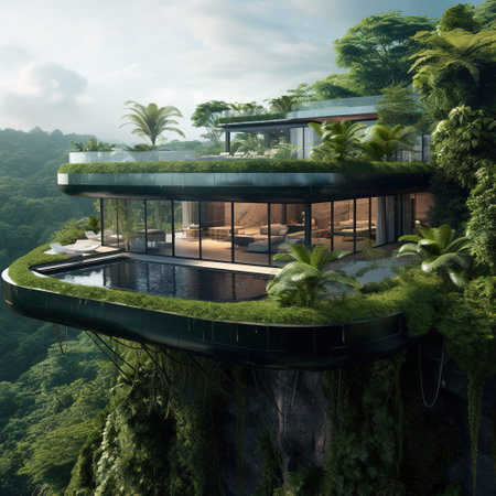 3D rendering of a modern house in the middle of the jungleの素材