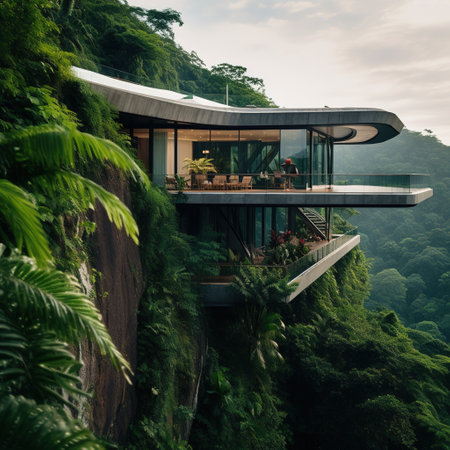 Exterior view of a modern house in the rainforest, Malaysiaの素材