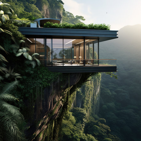 3D render of a modern house on the edge of a cliffの素材