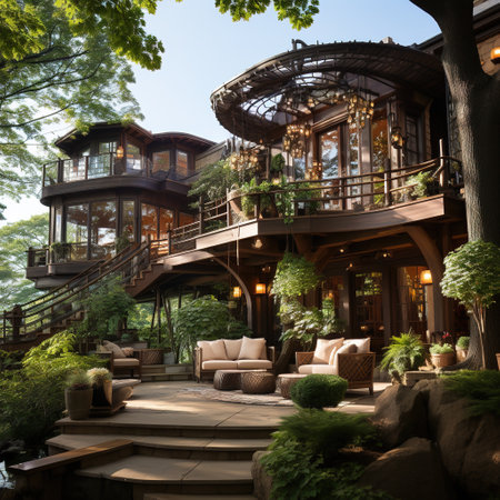 Interior of a cozy restaurant in the middle of the forest.の素材