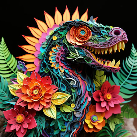 Colorful dragon made of plasticine with artificial flowers on black backgroundの素材