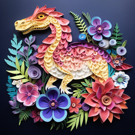 Paper cut dragon with flowers and leaves on blue background. 3d renderingの素材