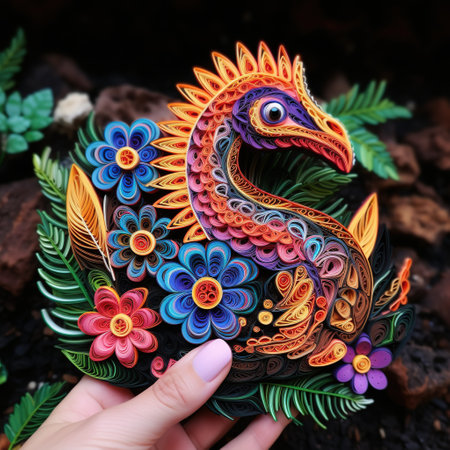 Colorful handmade paper dragon in the shape of a mandala.の素材