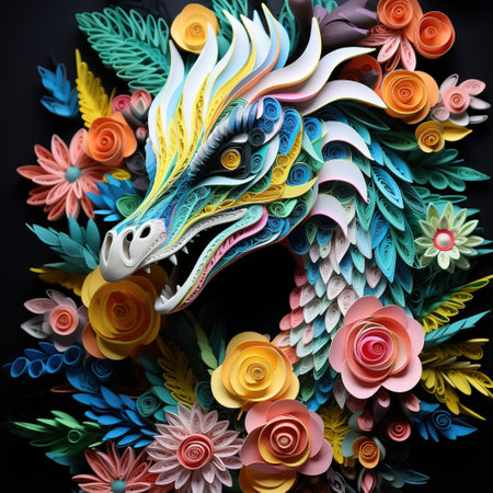 Colorful dragon and flowers on black background. 3D illustration.の素材