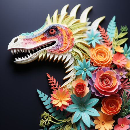 colorful dragon made from paper flowers on black background, closeupの素材