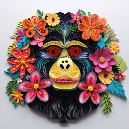 Zodiac sign monkey made of colorful flowers on a white background.の素材