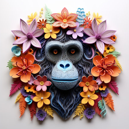 Monkey made of colorful flowers on white background. 3d illustrationの素材