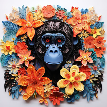 Gorilla with colorful flowers on white background. 3D illustration.の素材
