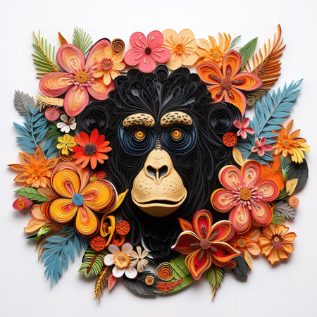 Zodiac sign monkey made of colorful flowers and leaves on white backgroundの素材