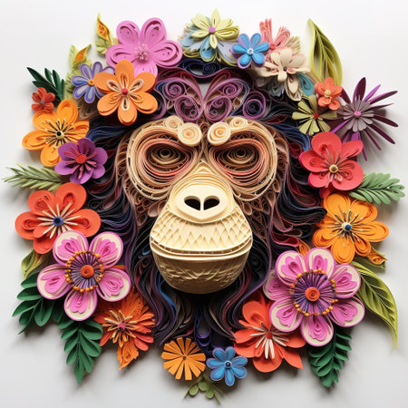Monkey face made of colorful paper flowers and leaves on white backgroundの素材