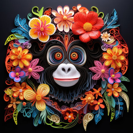 Zodiac monkey with colorful flowers on black background. Zodiac sign.の素材
