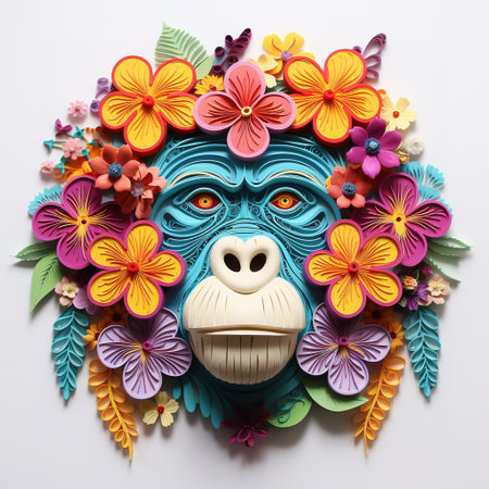 Colorful monkey face made of paper flowers and leaves on white backgroundの素材