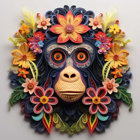 Monkey head made of colorful flowers on white background. 3d illustrationの素材