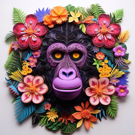 Gorilla face made of colorful flowers and leaves on white backgroundの素材