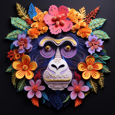 Monkey with floral ornament on the black background.の素材