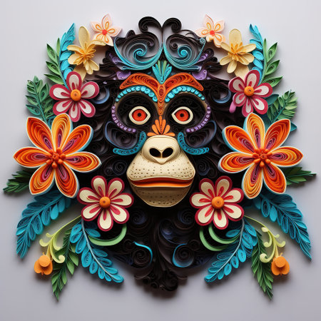 Monkey face with colorful flowers and leaves on a gray background.の素材