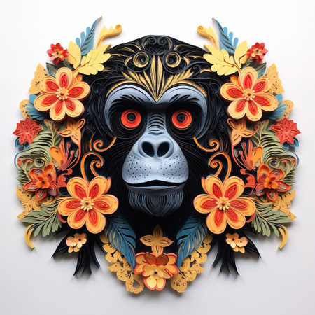 Monkey face with flowers. Vector illustration of a monkey in the style of Chinese painting.の素材