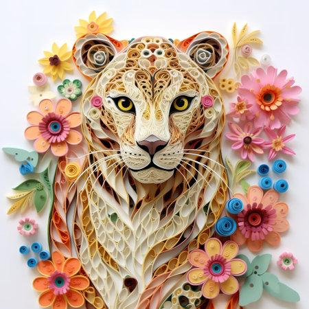 Paper cut leopard with flowers on a white background. Paper craft.の素材