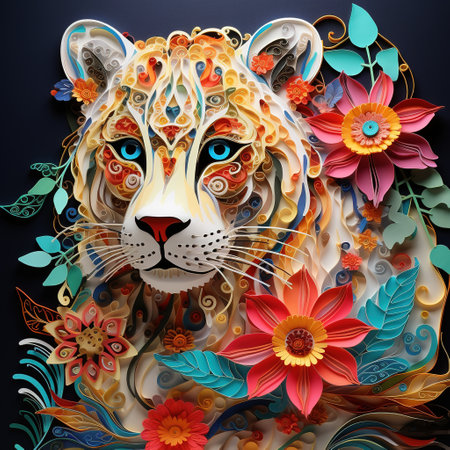 Lion with flowers and leaves on a black background.の素材