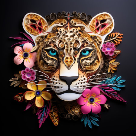 Lion head with floral ornament on black background.の素材