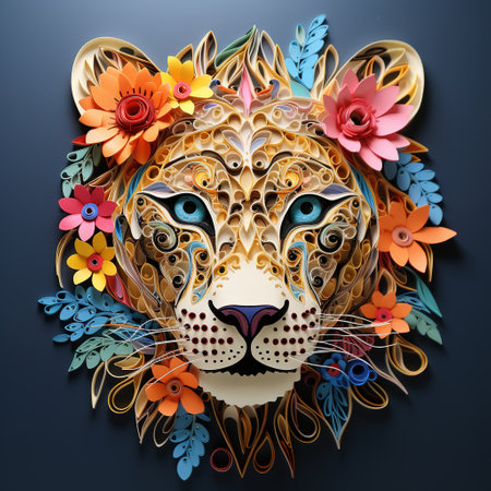 Lion head with colorful flowers and leaves on dark blue background.の素材