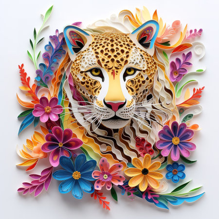 Paper cut leopard with colorful flowers on white background. 3d renderingの素材