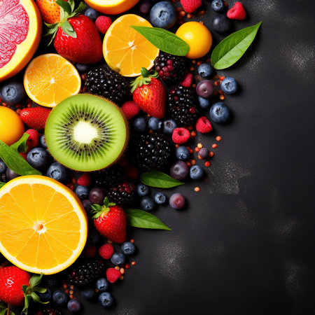 Fruits and berries on dark background. Top view with copy spaceの素材