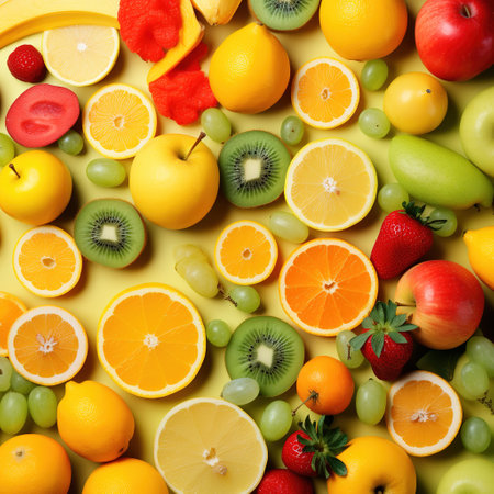Fruits background. Top view of fresh fruits on yellow background.の素材