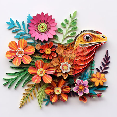 Folk art made of colorful flowers and chameleon on white backgroundの素材