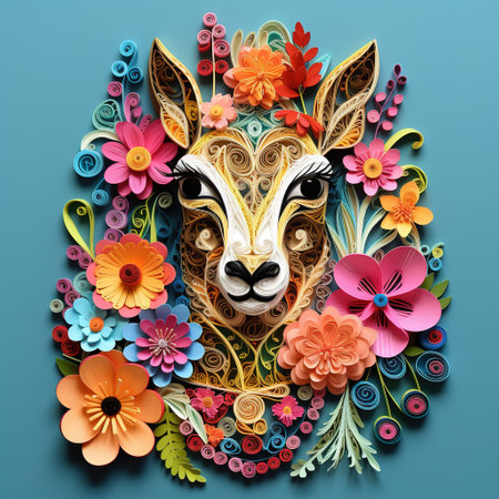 illustration of a deer head with colorful flowers on blue background.の素材