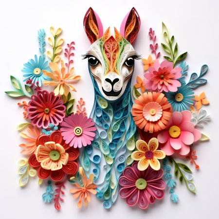 Paper art of alpaca with colorful flowers on white background.の素材