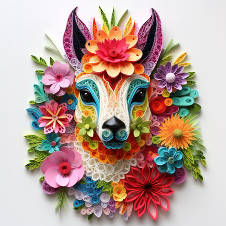 Folk art, handicrafts of alpaca face made of colorful flowersの素材