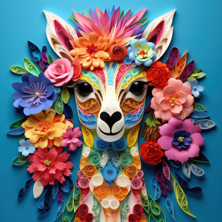 Paper art of alpaca with colorful flowers on blue background.の素材